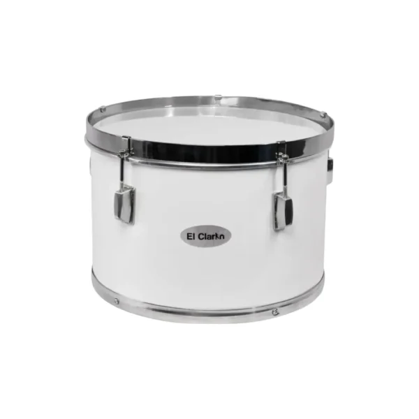 Timba de 14 pulgadas en color blanco, fabricada por Musicales El Clarín. Ideal para bandas marciales, bandas de paz, bandas de marcha y batucadas. Con cuerpo de madera de alta calidad, aros y herrajes cromados en aluminio, ofrece un diseño robusto y elegante. Esta timba incluye correa para mayor comodidad, garantizando durabilidad y un sonido resonante. Perfecta para desfiles y presentaciones, su acústica precisa la convierte en una opción destacada para músicos exigentes.