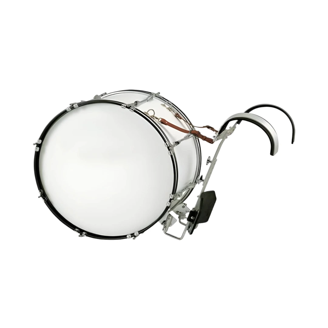 BOMBO CON CHALECO O ARNES PARA BANDA MARCIAL MUSICALES EL CLARIN Bombo Marching con arnes o chaleco y golpeador color blanco para banda marcial banda musico marcial banda de paz fabricado por musicales el clarin