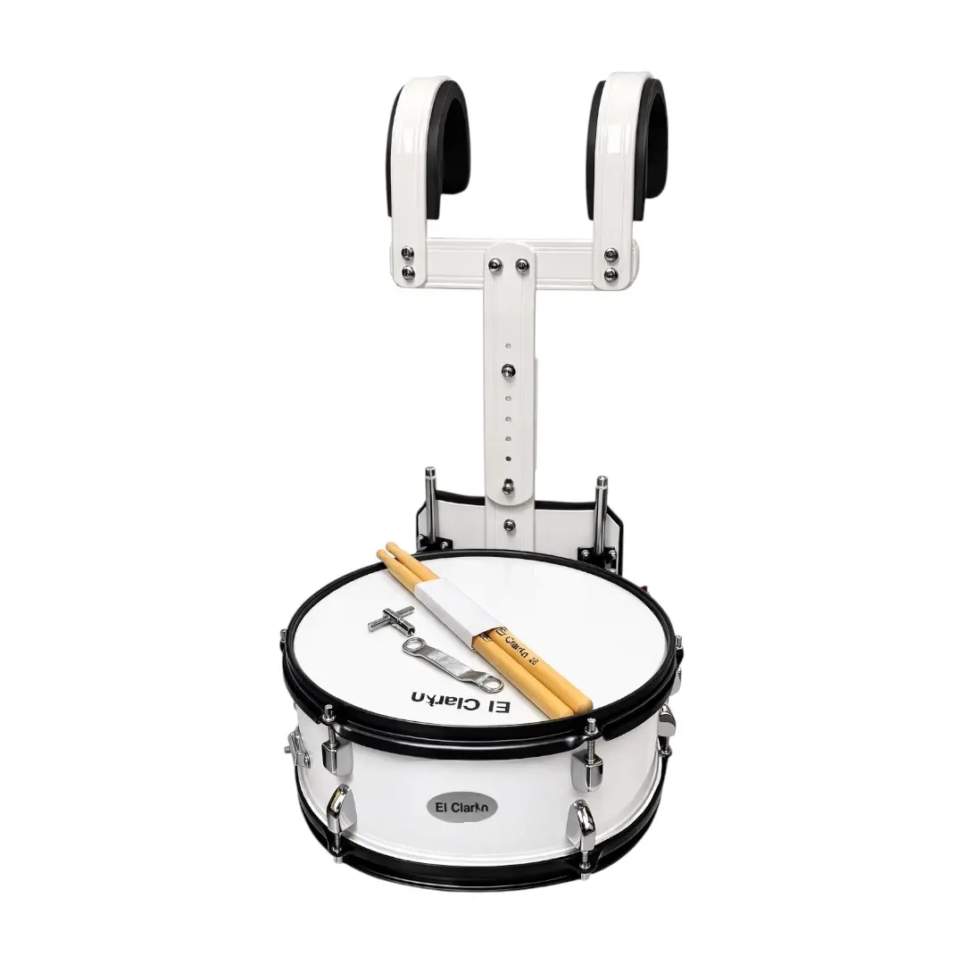 caja redoblante Marching con arnés o chaleco color blanco con parches blancos herraje en aluminio Musicales El Clarin