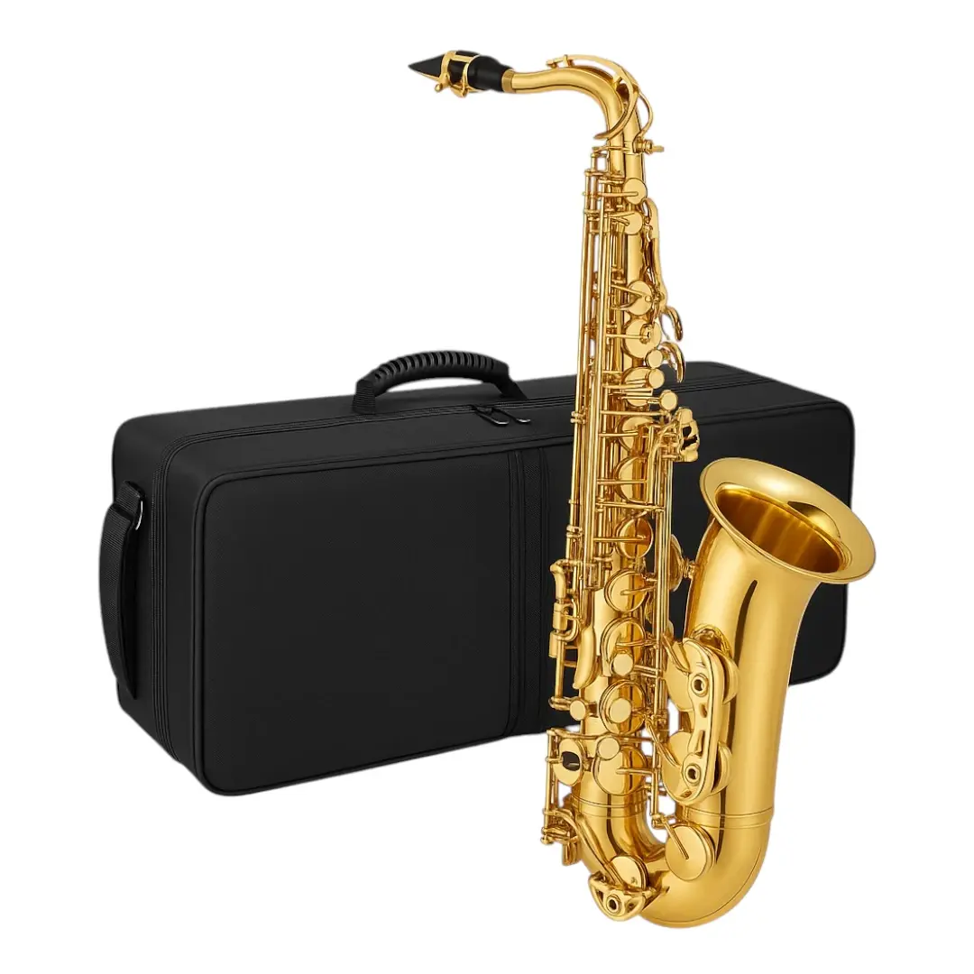 saxofon con estuche, boquilla y paño para limpieza distribuido por musicales el clarin