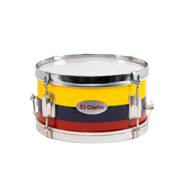 Redoblante de 10 pulgadas, color tricolor de la bandera de colombia amarillo azul y rojo especial para Banda infantil, banda marcial, banda de paz. viene con correa, baquetas y llave de afinacion. es fabricado por la empresa Musicales El Clarin de Colombia