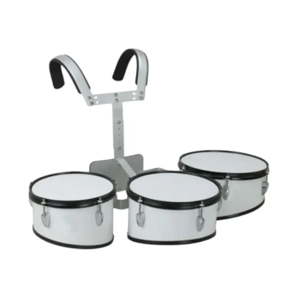 multitenor de 3 vasos para banda musico marcial con arnes, baquetas y llave de afinacion color blanco para banda marcial, musico marcial y banda de paz