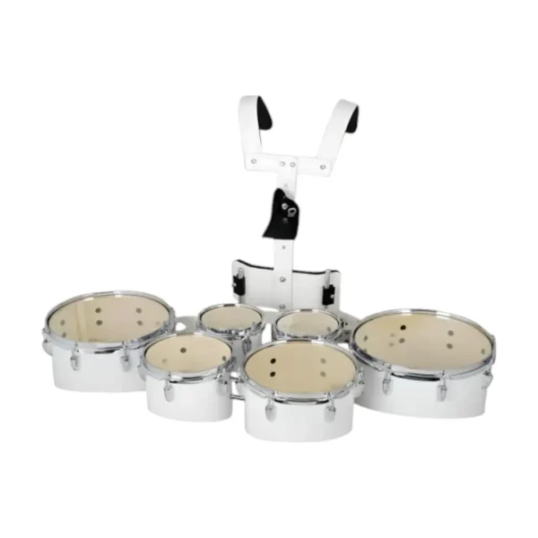 multitenor de 6 vasos profesional para banda musico marcial, banda de paz, banda marcial color blanco incluye arnes o cargador, baquetas y llave de afinacion