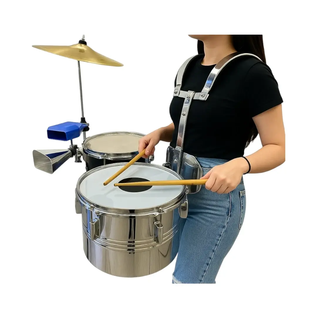 Set de Timbales de estudio con jam block, platillo en bronce, campana, baquetas y soporte ergonómico. Fabricación profesional por Musicales El Clarín. Banda Marcial, Banda Musico marcial, bandas de paz y bandas tradicionales