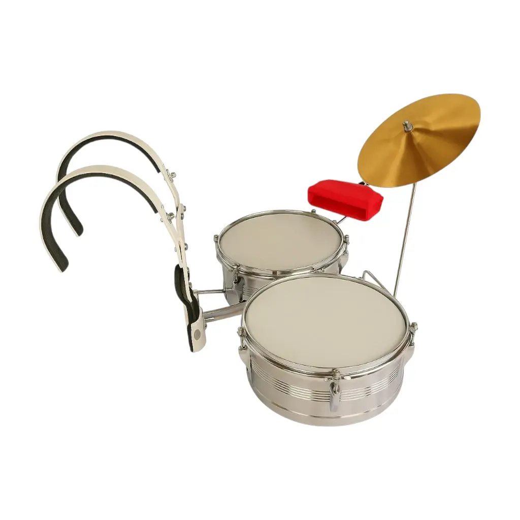 Set de Timbales de estudio con jam block, platillo en bronce, campana, baquetas y soporte ergonómico. Fabricación profesional por Musicales El Clarín. Banda Marcial, Banda Musico marcial, bandas de paz y bandas tradicionales