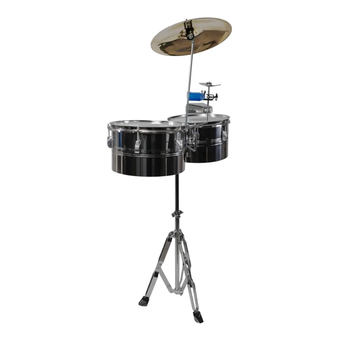 Set de Timbales de estudio con jam block, platillo en bronce, campana, baquetas y soporte ergonómico. Fabricación profesional por Musicales El Clarín. Banda Marcial, Banda Musico marcial, bandas de paz y bandas tradicionales