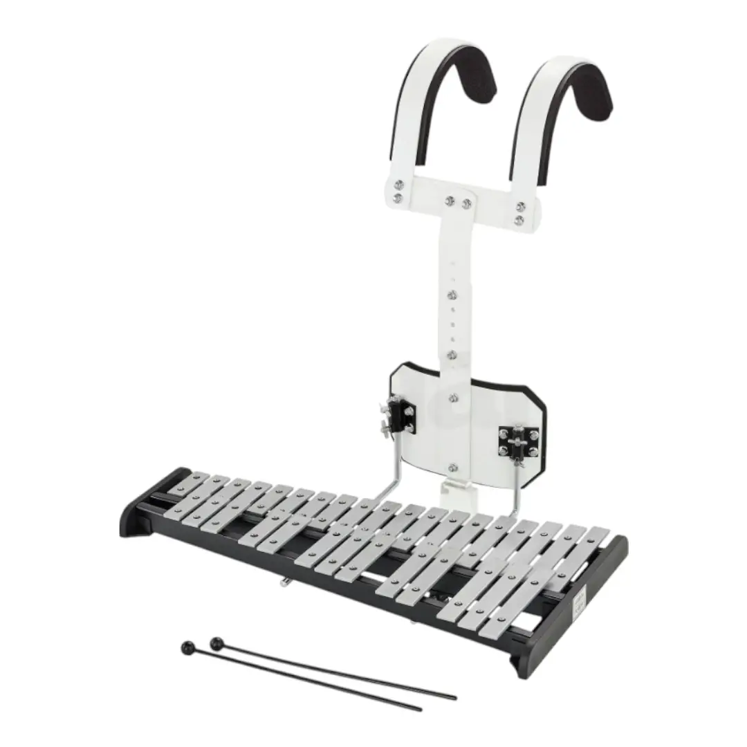 Glockenspiel de marcha de 32 teclas con arnés y baquetas, instrumento para banda marcial distribuido por Musicales El Clarín.