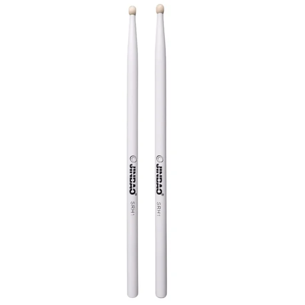 Par de baquetas Jinbao modelo SRH1 blancas con punta de madera, ideales para bandas marciales, músico marciales y bandas de paz. Distribuidas por Musicales El Clarín.