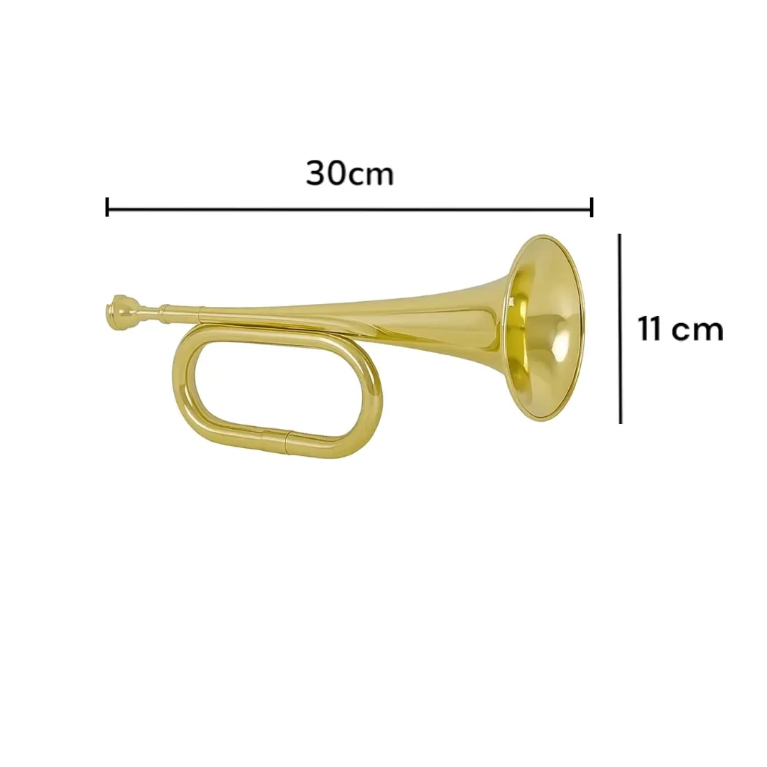 Cornetín militar dorado en tono Do con boquilla brillante, sobre fondo blanco. Ideal para bandas marciales y barras deportivas