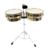 Timbales de 13 y 14 color DORADO pulgadas El Clarín con campana y baquetas para banda marcial, distribuidos por Musicales El Clarín.
