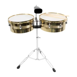 Timbales de 13 y 14 color DORADO pulgadas El Clarín con campana y baquetas para banda marcial, distribuidos por Musicales El Clarín.