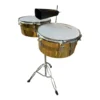 Timbales de 13 y 14 color DORADO pulgadas El Clarín con campana y baquetas para banda marcial, distribuidos por Musicales El Clarín.