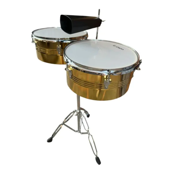 Timbales de 13 y 14 color DORADO pulgadas El Clarín con campana y baquetas para banda marcial, distribuidos por Musicales El Clarín.