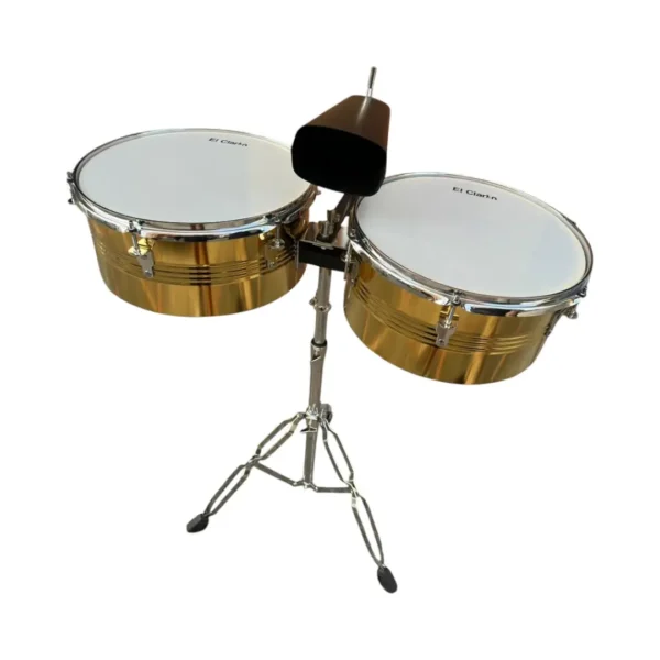 Timbales de 13 y 14 color DORADO pulgadas El Clarín con campana y baquetas para banda marcial, distribuidos por Musicales El Clarín.