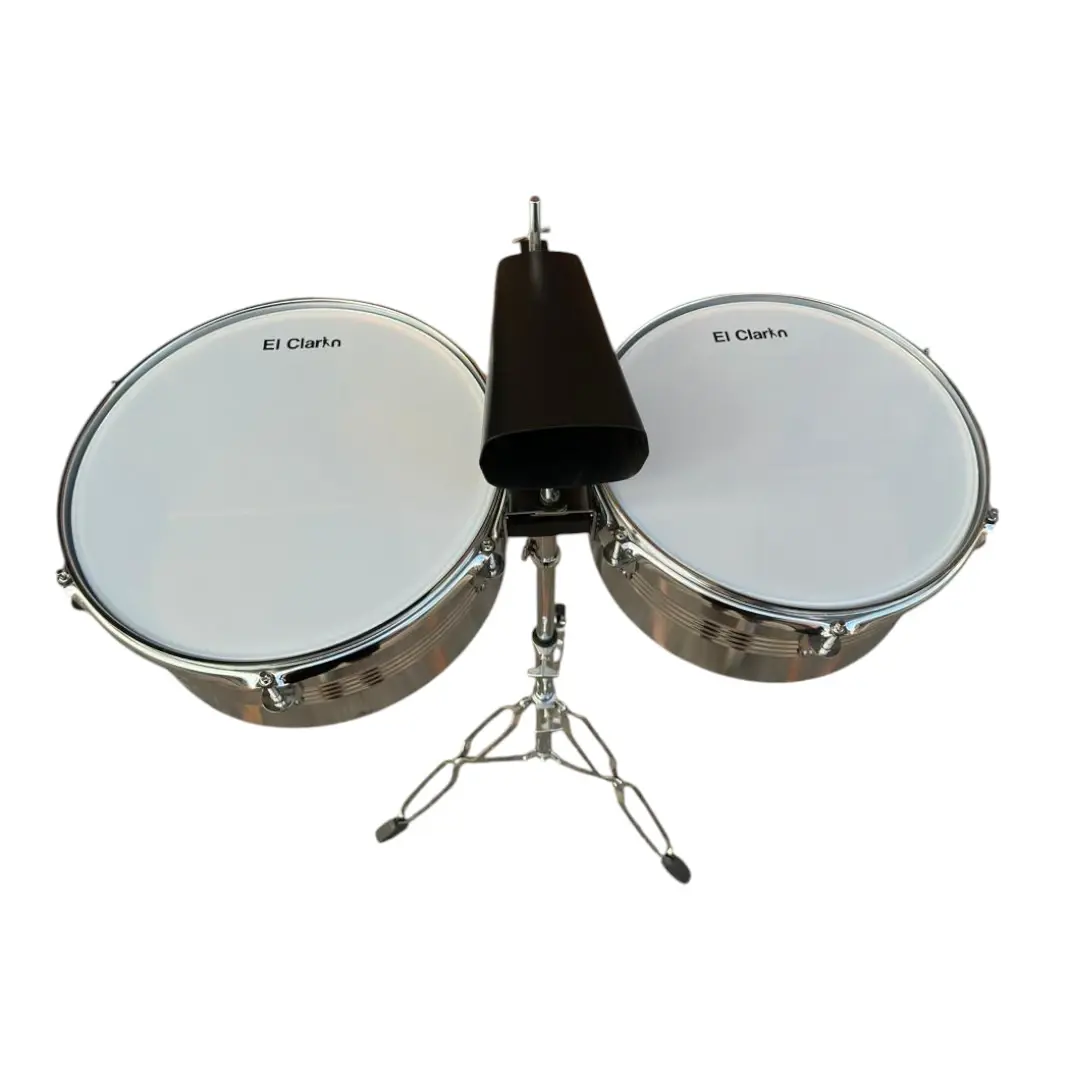 Timbales de 13 y 14 color plateado pulgadas El Clarín con campana y baquetas para banda marcial, distribuidos por Musicales El Clarín.